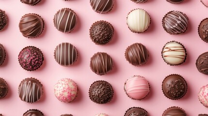 A Symphony of Hearts: A Delightful Collection of Exquisite Chocolate Hearts, Beautifully Displayed on a Pastel Pink Surface, Creating a Scene of Pure Romance and Sweet Indulgence