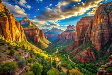 Naklejka premium Explore Zion's breathtaking canyon vistas; high-resolution images showcase stunning scenery and challenging hikes.