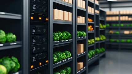 Smart Digital Shelves with Advanced Displays Tracking Inventory Levels Blending Cutting Edge Technology and Efficient Organization in a Modern Retail or Warehouse Storage and Distribution Facility