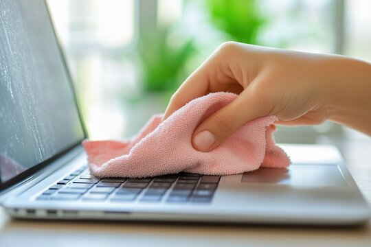 A close-up shot of a woman cleaning a computer keyboard with a wet wipe at a table.