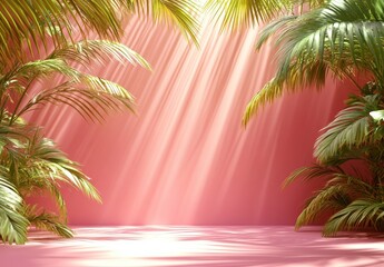 A vibrant, pinkish red backdrop bathed in sunlight filtering through lush tropical foliage. Sunlight beams create a bright, warm atmosphere