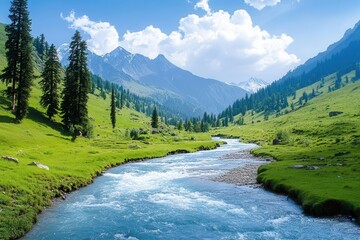 breathtaking mountain landscape featuring flowing rivers and lush green meadows under a bright blue sky, inviting the viewer into a serene and picturesque natural refuge