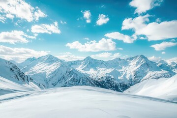 Fototapeta premium breathtaking panoramic view of snow-covered mountains under a clear blue sky adorned with fluffy white clouds, capturing the grandeur of nature and the tranquility of winter landscapes