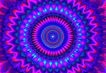 Vibrant abstract mandala design, featuring concentric circles with intricate patterns. Colors include bright pinks, deep blues, and electric purples