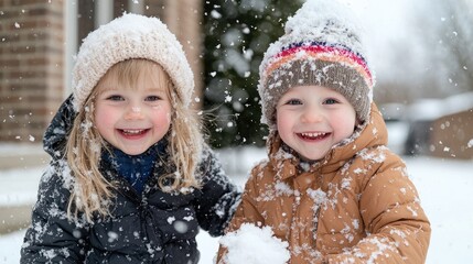 Happy toddlers playing in winter snow (1)