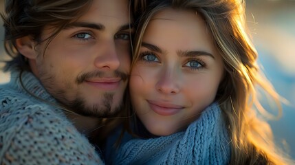 Obraz premium Young romantic couple in warm knit sweaters share intimate moment at sunset, with golden backlight highlighting their faces and creating dreamy atmosphere.