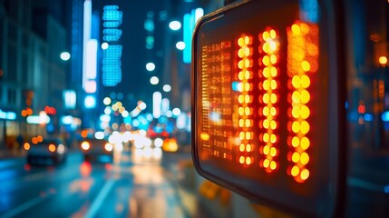 Obraz premium Urban Night Out of Focus City View, Abstract Commute Public Transportation LED Sign. Stock Photo.