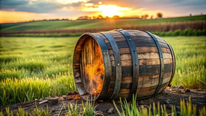 Obraz premium Charred and cracked whiskey barrel with a copper bottom, sitting in a field, field, barrel, landscape, whiskey