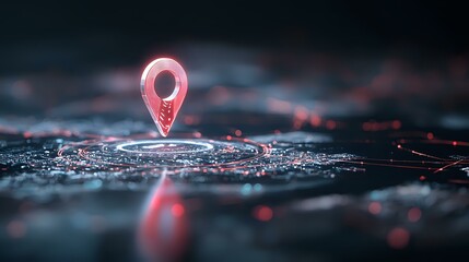 Glowing red location pin marker floating over dark digital surface with network connections and light effects, concept of GPS navigation and positioning.
