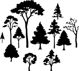 A collection of diverse tree silhouettes forms a visually striking graphic