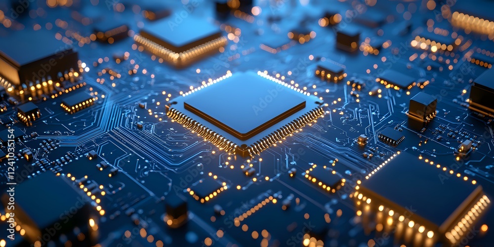 Poster glowing microchip on circuit board with blue technological background, central processor unit illumi