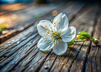 Fototapeta premium Single Cherry Blossom on Wood: A delicate white cherry blossom rests on weathered wood, bathed in soft, warm sunlight. Its petals gleam, showcasing nature's simple beauty. 