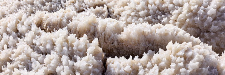 Close-up of crystalline salt formations at the Dead Sea shore. Natural mineral deposits creating...