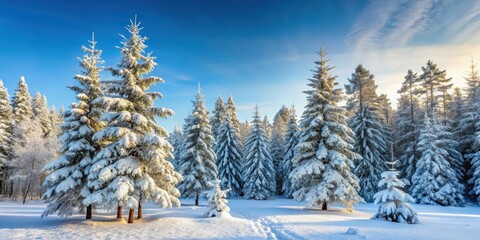 Fototapeta premium Snow covered pine trees in a winter forest with frosty atmosphere and bare branches, forest, winter