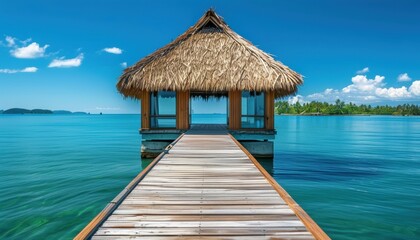 Tropical pier leading to thatched roof hut overlooking clear blue ocean with copy space