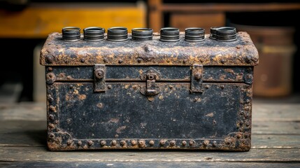 Aged black metal box with a distressed, weathered texture, displaying a multitude of small, dark glass jars, arranged in a row. The box rests on a