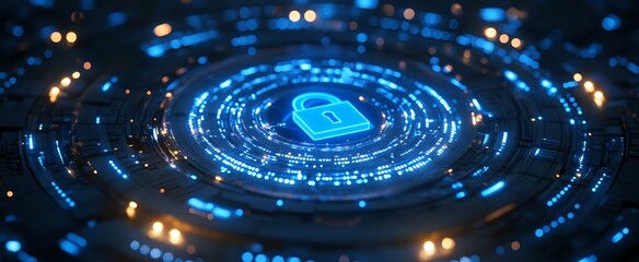 Glowing digital padlock icon surrounded by circular data streams and binary code elements in deep blue and orange colors on dark background. Cybersecurity concept.