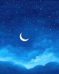 Naklejka premium Dreamy night sky with twinkling stars and crescent moon above clouds