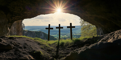 View of three Calvary crosses from a cave, Easter, death and resurrection of Christ