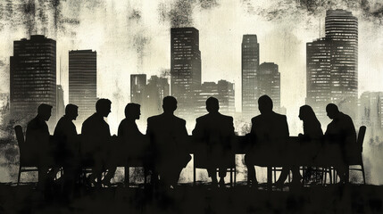 Fototapeta premium Silhouetted business team in discussion against urban skyline, conveying collaboration and decision making in corporate environment