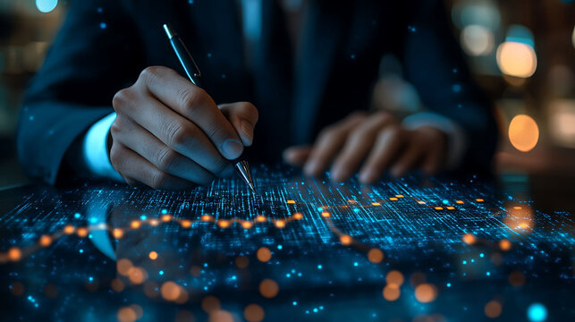 Businessman writing on digital graph and line chart, analyzing growth, market trends, and stock trading with a tablet in financial tech.