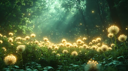Fototapeta premium Magical Dandelion Meadow, Firefly Night, Forest, Fantasy