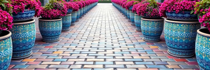 Obraz premium Mosaic Brick Walkway with Eye-Catching Plant Baskets