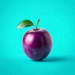 Fresh Juicy Plum with Leaf on Vibrant Blue Background