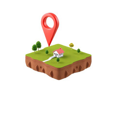 Real estate location, house with a map pin on a floating plot of land isolated on transparent or white background 