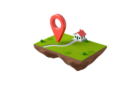 Real estate location, house with a map pin on a floating plot of land isolated on transparent or white background 