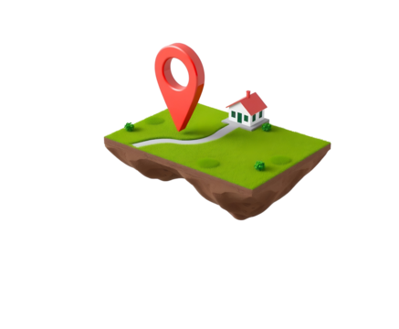 Real estate location, house with a map pin on a floating plot of land isolated on transparent or white background 