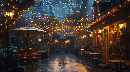 Naklejka premium Romantic bistro alley, night, lights, rain, mist, dining, winter, ambiance, travel