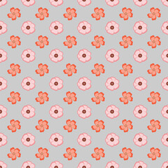 Seamless Pattern of Orange and Pink Flowers on a Light Gray Background
