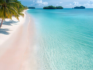 Serene tropical beach with clear turquoise waters and distant islands. 