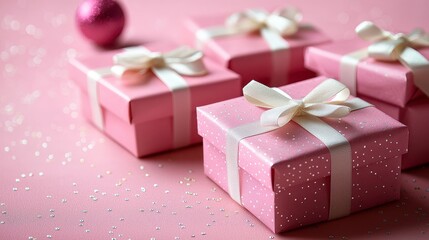 Pink gifts, ribbon bows, festive background, celebration