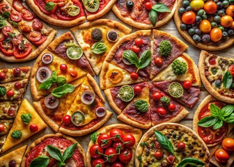 Fototapeta premium Delicious Mixed Pizza Closeup: A Top-Down View of Assorted Pizza Slices, Perfect for Food Blogs and Restaurant Menus