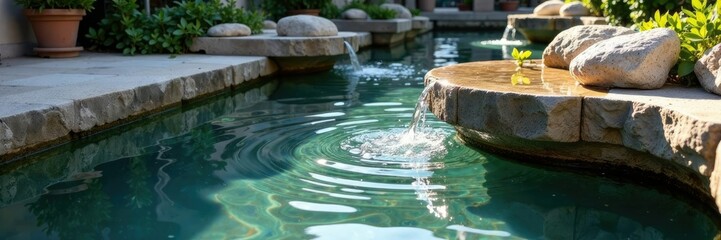 Obraz premium Water feature with subtle ripples and reflections on stone surfaces, moorish, stone, fountains