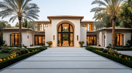 Obraz premium Elegant modern villa with palm trees in the evening light. 