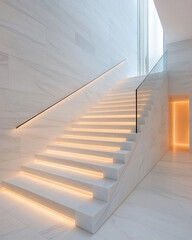 Obraz premium Elegant staircase with floating steps and glass railing, illuminated softly