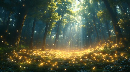 Firefly Forest Path, Sunbeams, Magical, Nature, Fantasy Background