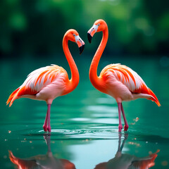 Fototapeta premium Two Flamingos stand in beautiful water