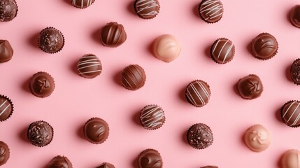 A Symphony of Hearts: A Delightful Collection of Exquisite Chocolate Hearts, Beautifully Displayed on a Pastel Pink Surface, Creating a Scene of Pure Romance and Sweet Indulgence