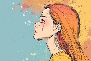 cartoon-style girl, tears flowing from her eyes, beautifully illustrated in profile, capturing a moment of deep emotion and vulnerability against a simple yet colorful background