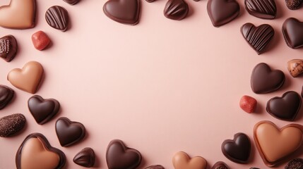 Fototapeta premium A Symphony of Hearts: A Delightful Collection of Exquisite Chocolate Hearts, Beautifully Displayed on a Pastel Pink Surface, Creating a Scene of Pure Romance and Sweet Indulgence