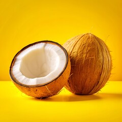 Fresh Whole and Halved Coconut with Natural Texture

