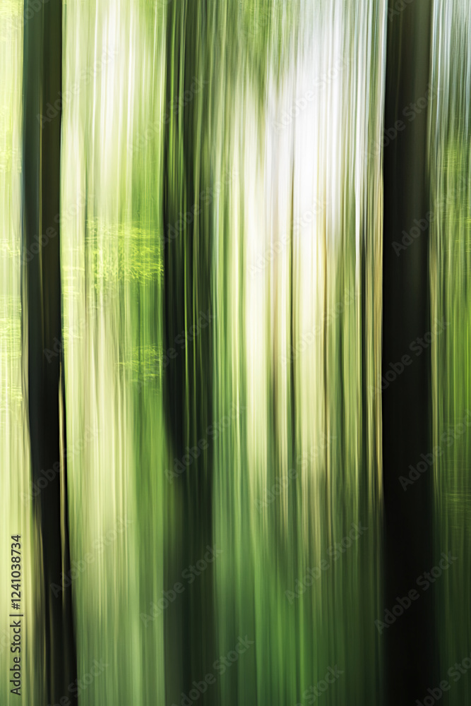 Poster abstract blurred forest trees with green vertical streaks, capturing the essence of motion and the t
