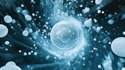 Realistic illustration of white spheres in dynamic swirling motion, creating sense of depth and movement. image evokes feeling of energy and fluidity