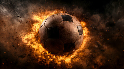 Fototapeta premium Dynamic soccer ball surrounded by fiery explosion in a dramatic setting. Generative AI