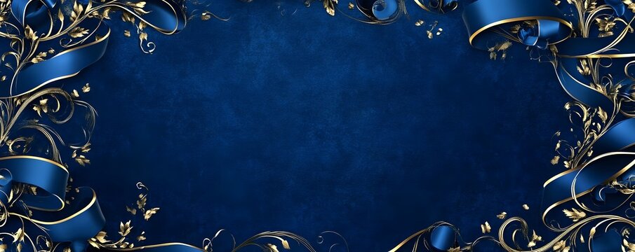 Elegant blue background with ornate golden floral designs and ribbons, perfect for invitations or decor