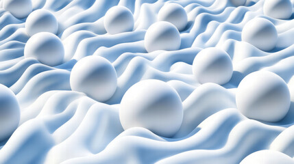 Fototapeta premium Realistic illustration of white spheres in motion on soft, wavy surface, creating serene and dynamic visual effect. composition evokes sense of tranquility and fluidity